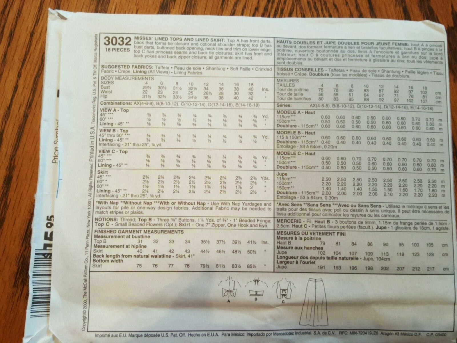 VINTAGE UNOPENED McCALLS PATTERN MISSES LINED TOP/LINED SKIRT SIZE 8-10-12 #3032