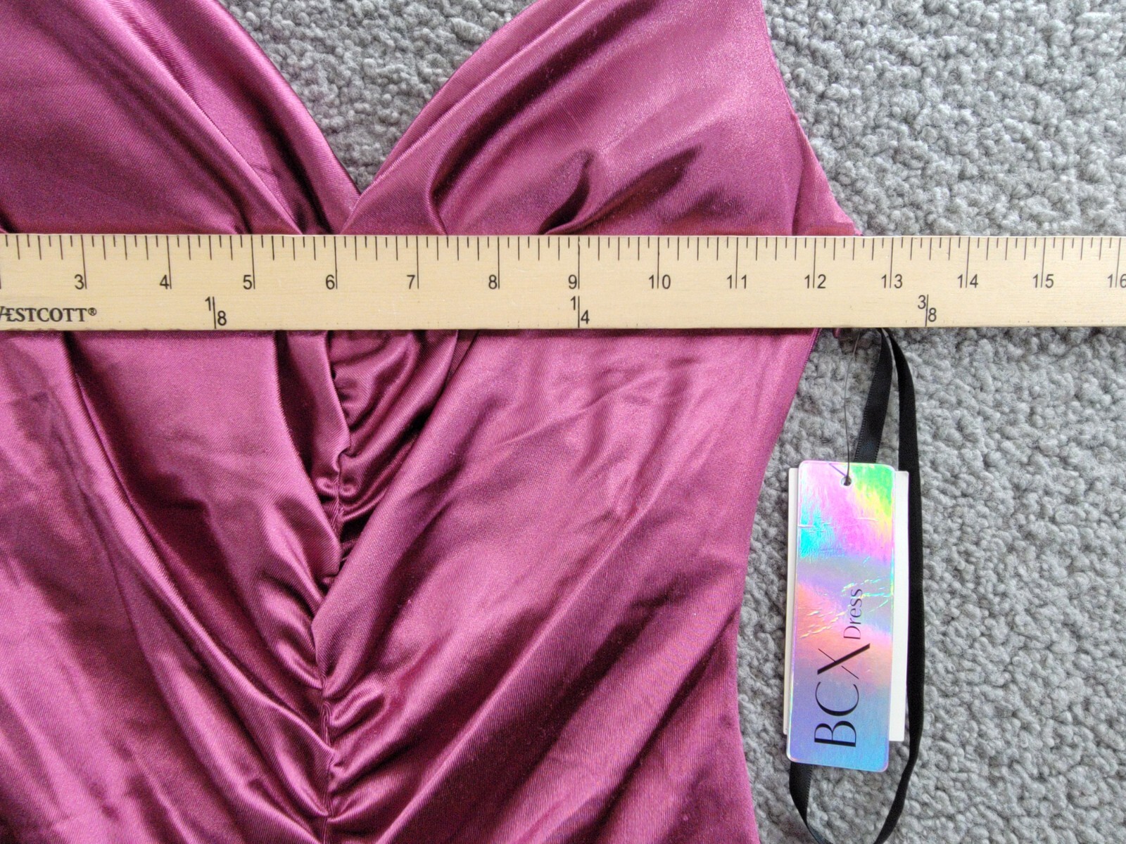 BCX Ruched Mermaid Dress Juniors' 1 Plum Front Slit V-Neck Back Zip Closure - Picture 5 of 15
