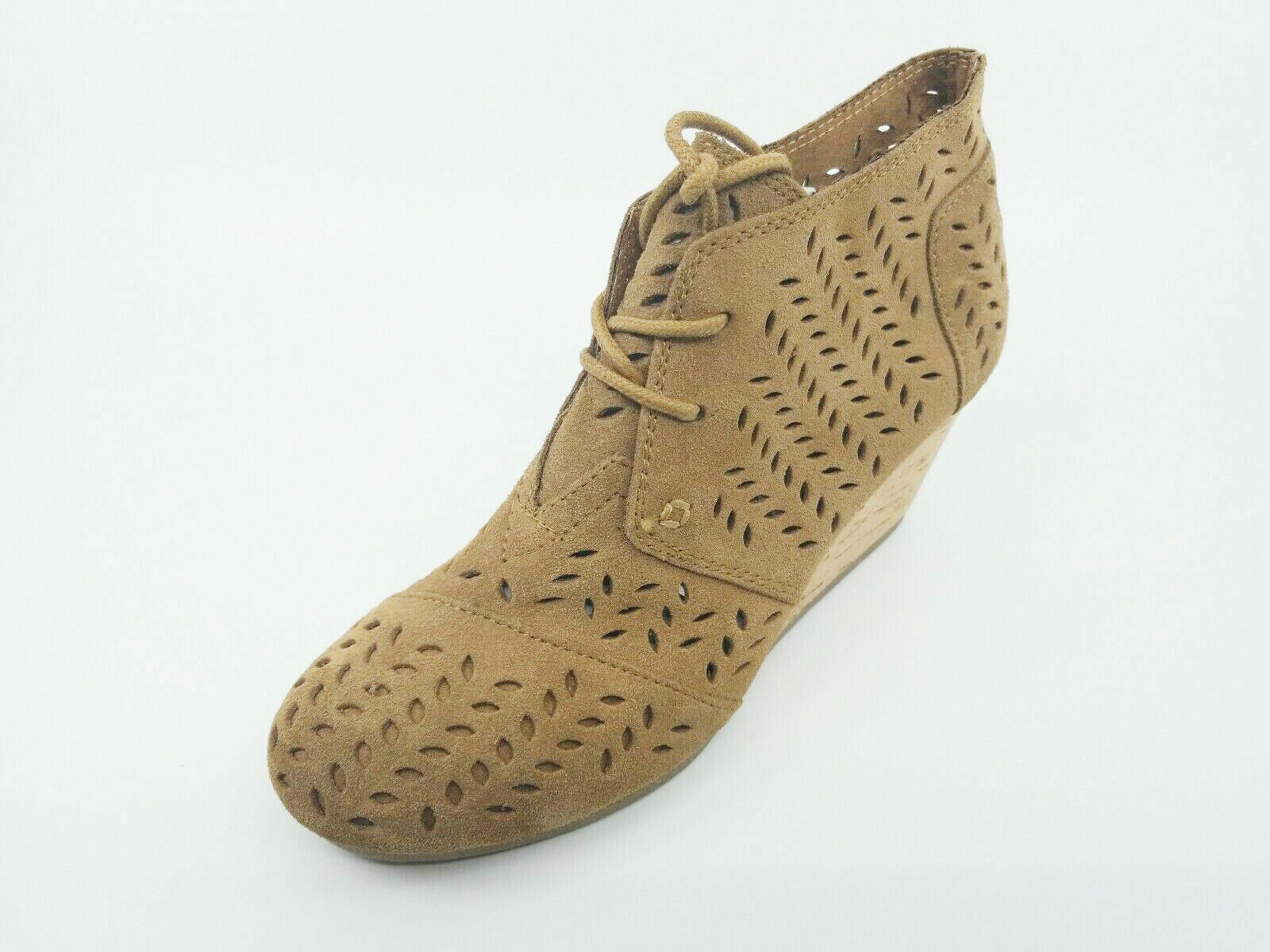 Toms Womens Desert Wedge Toffee Suede Perforated Leaf Heel Shoes Sandals Size 6