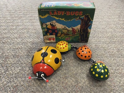 + Vintage Japan Rosko Tin Wind Up Mechanical Lady-Bugs w/ Box - Working *ST