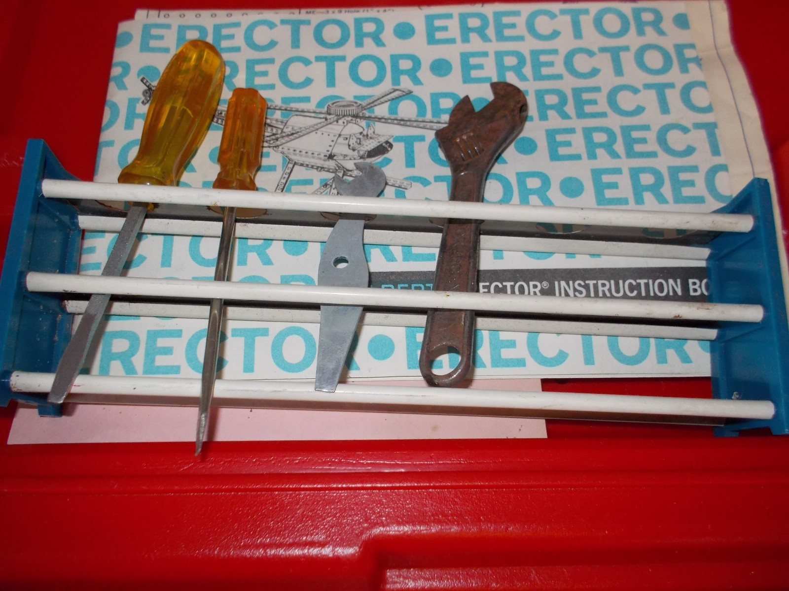 Vintage 1964 Gilbert  Erector Set Red Plastic Box w/ Parts