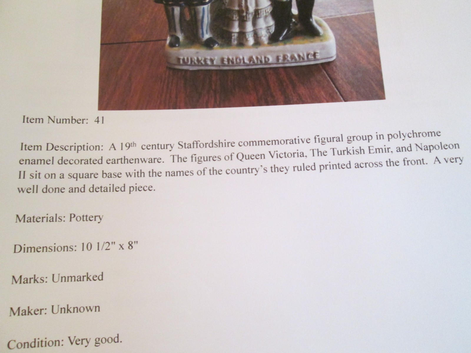 19th C Staffordshire Figure England,Turkey & France- Commemorates Cremian War