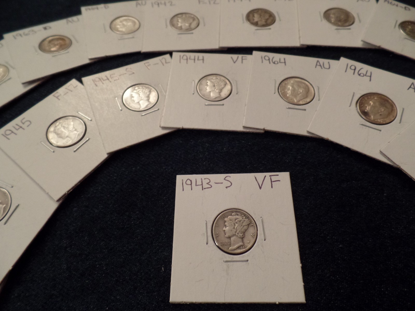 24 MERCURY & ROOSEVELT SILVER DIMES MIX DATES FINE TO AU 1942 TO 1964 NICE COINS