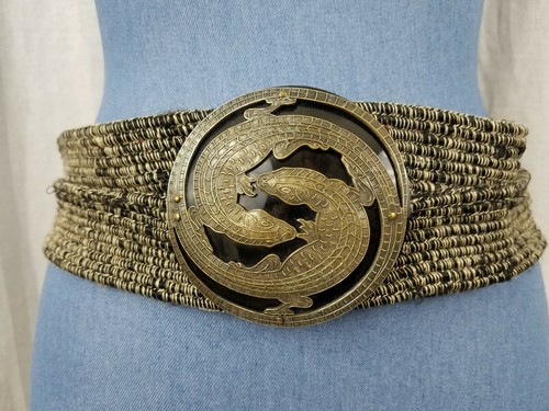 Vintage Women's Black Corded Belt With Metal Buckle of Intertwined Lizards Small