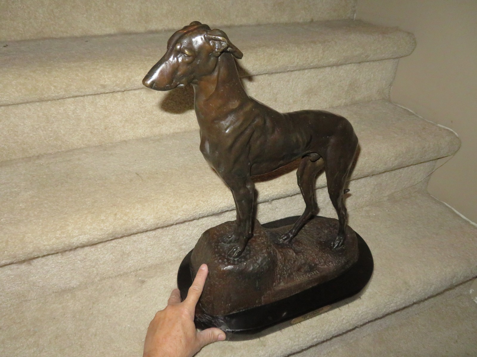 Vintage MASSON Signed GREYHOUND Dog BRONZE SCULPTURE~Marble Base 45 lbs. SUPERB!