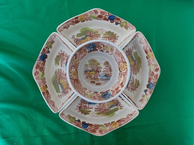VINTAGE 1940 MOUNTAIN WOODLAND NASCO JAPAN LAZY SUSAN 6 PIECE BOWL HAND PAINTED