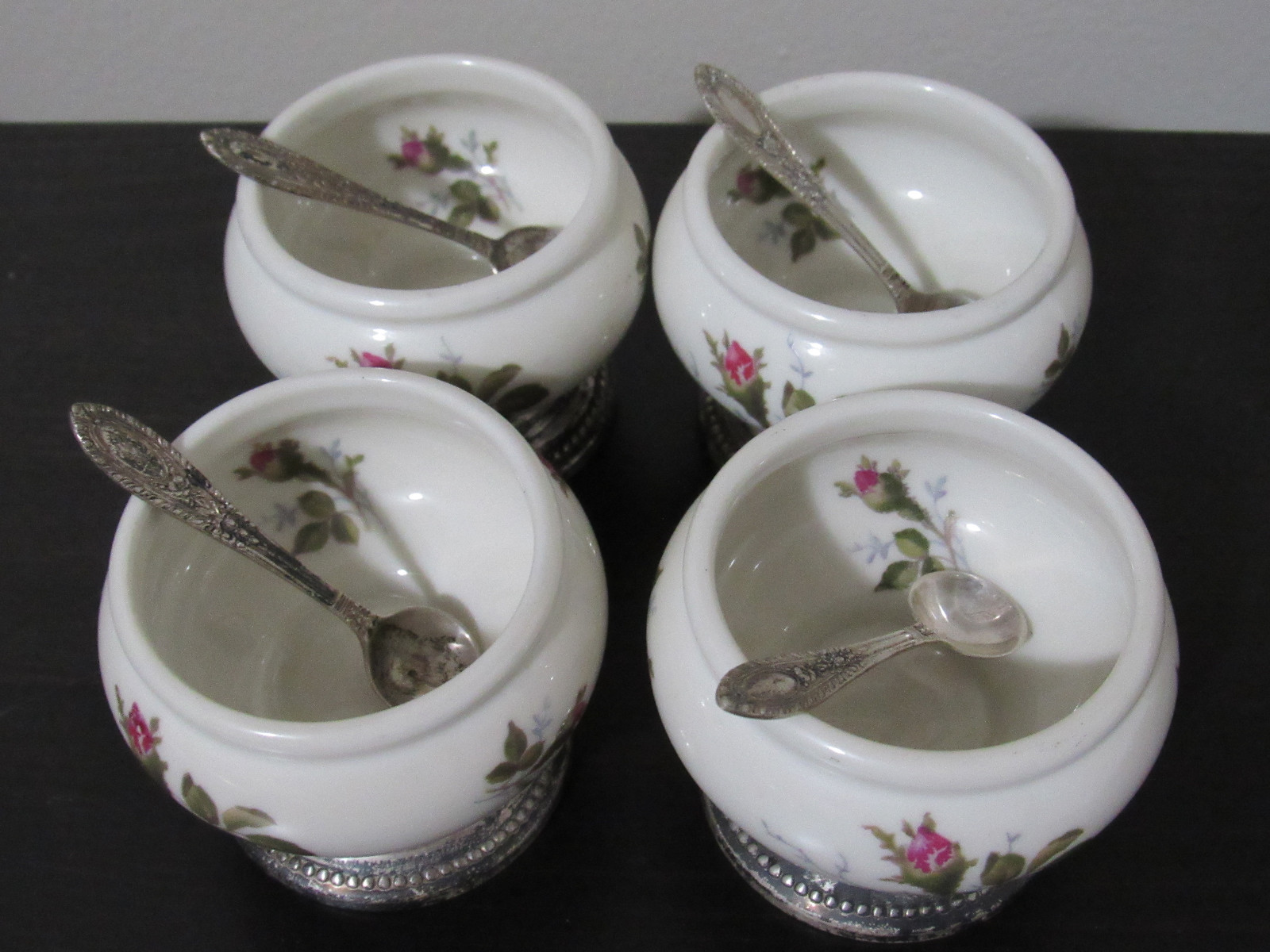Rosenthal Moss Rose Pattern Sterling Silver Base Salt Cellar SET 4 AND SPOONS