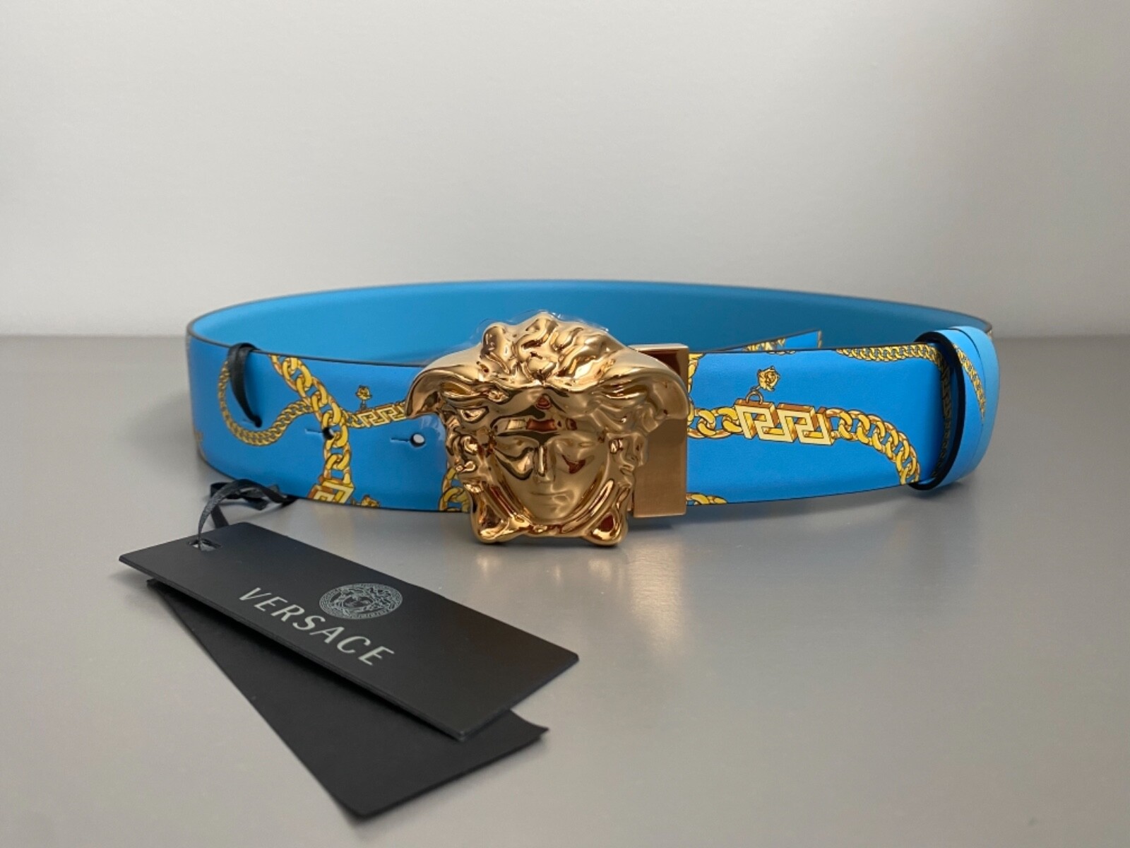 VERSACE BLUE LA MEDUSA CHAIN PRINT REVERSIBLE BELT NWT | eBay