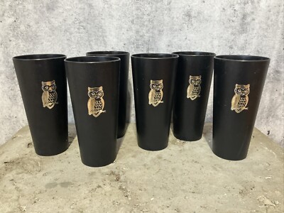 Vintage Brand New Nasco Black Plastic Retro Tumblers With Gold Owl Set of 6