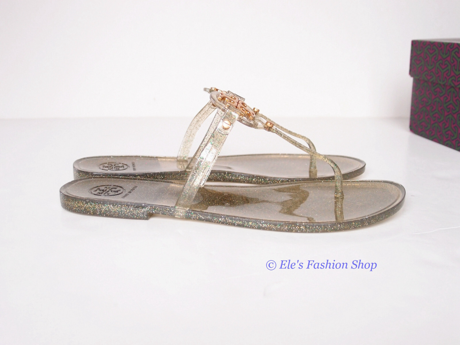 Pre-owned Tory Burch In Box  Mini Miller Jelly Thong Sandals Green Silver Gold Us 7