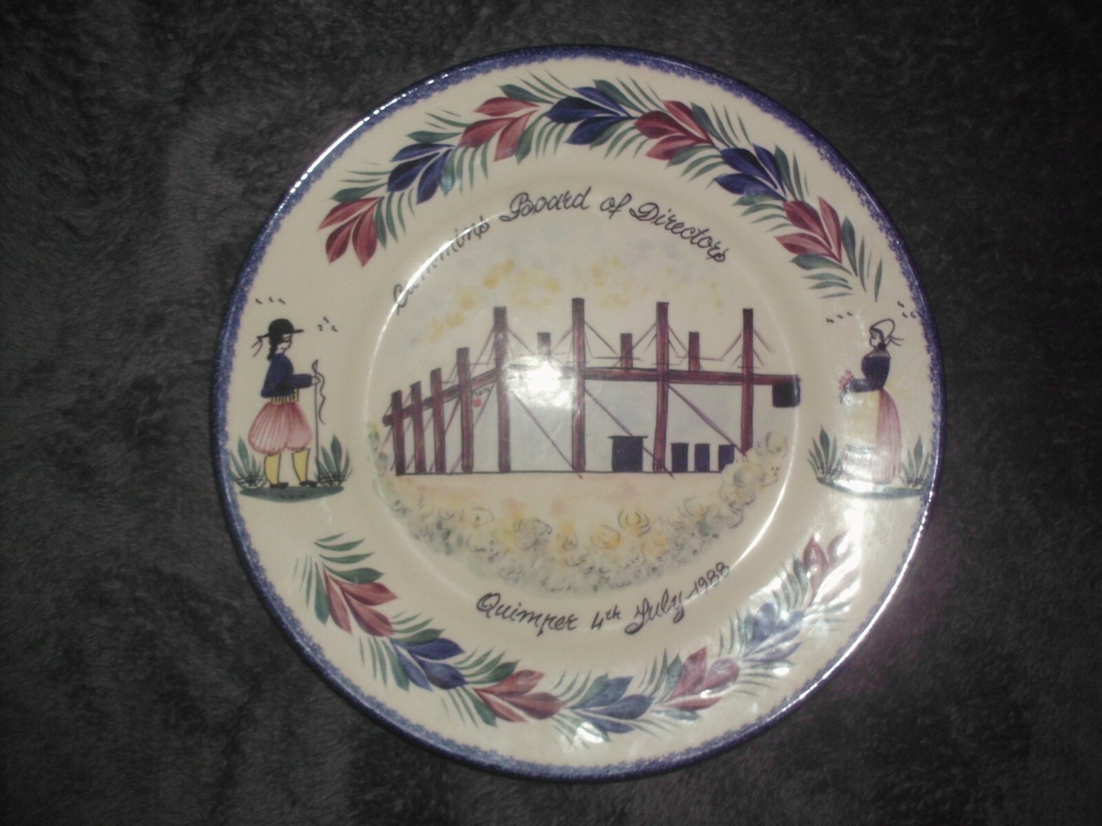 QUIMPER FRANCE COLLECTOR PLATE,MAN WOMAN Cummins Board of Directors July 4 1988
