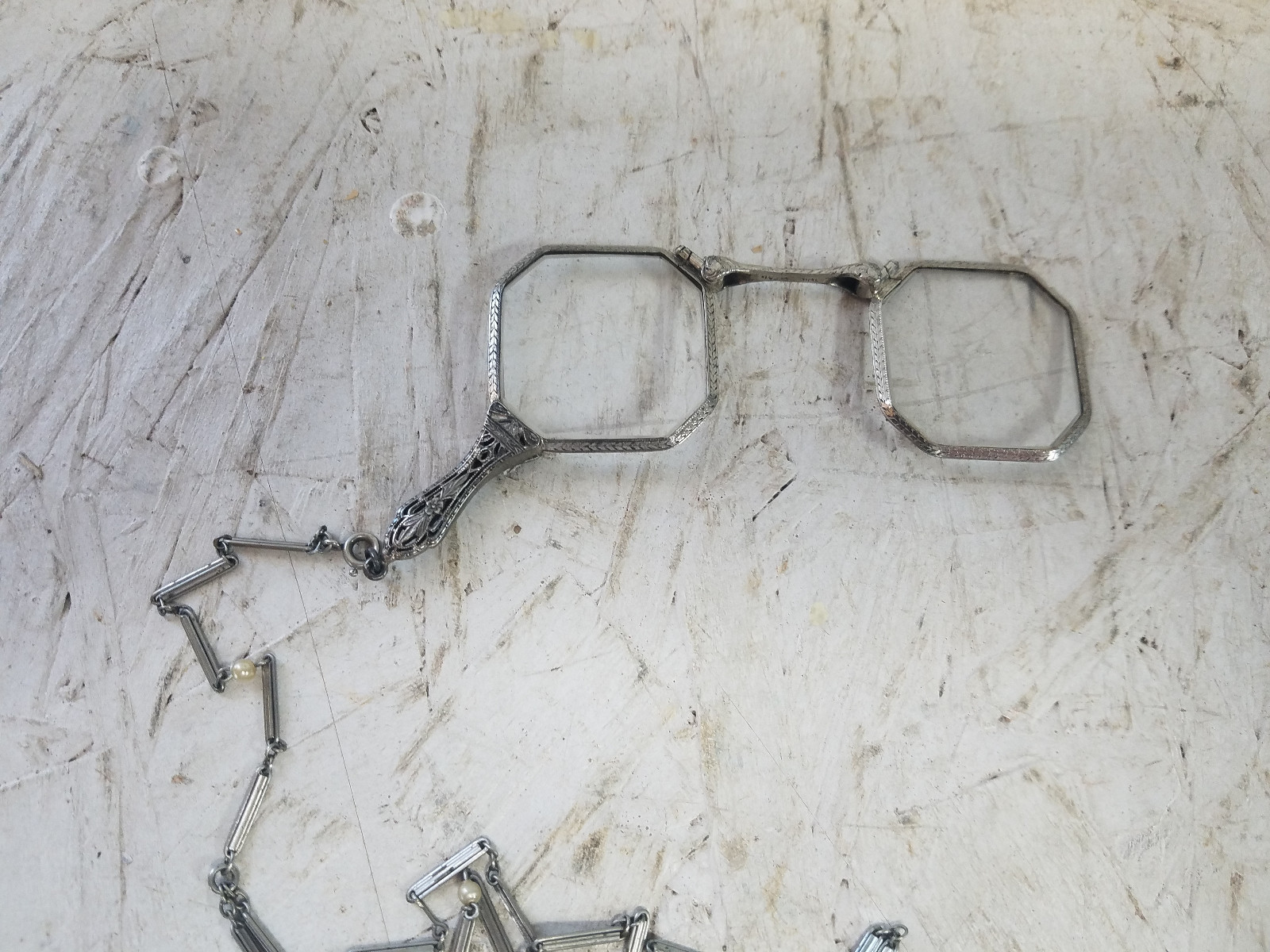 Antique Sterling Silver Ladies Folding Eyeglasses on Chain with beads