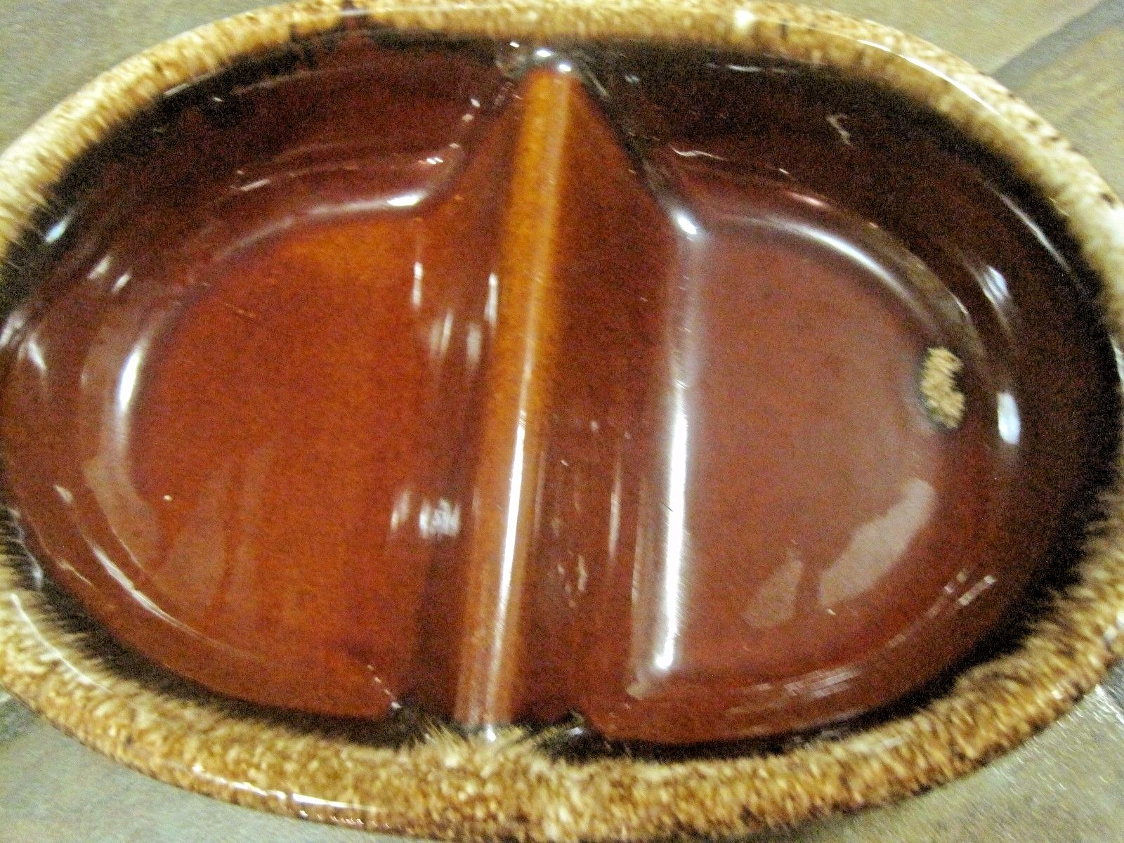 HULL POTTERY~ BROWN DRIP ~ DIVIDED VEGGIE BOWL ~ 1960'S ~ EUC