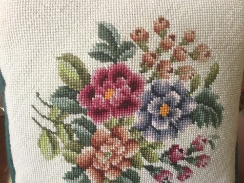 Vintage Needlepoint Floral Pillow-11 X 11-Dark Green Cotton Back-Excellent Cond-