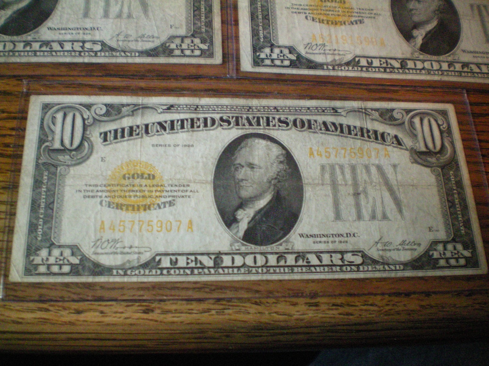 Five (5) Series 1928 Gold Certificate $10 Ten Dollar Notes