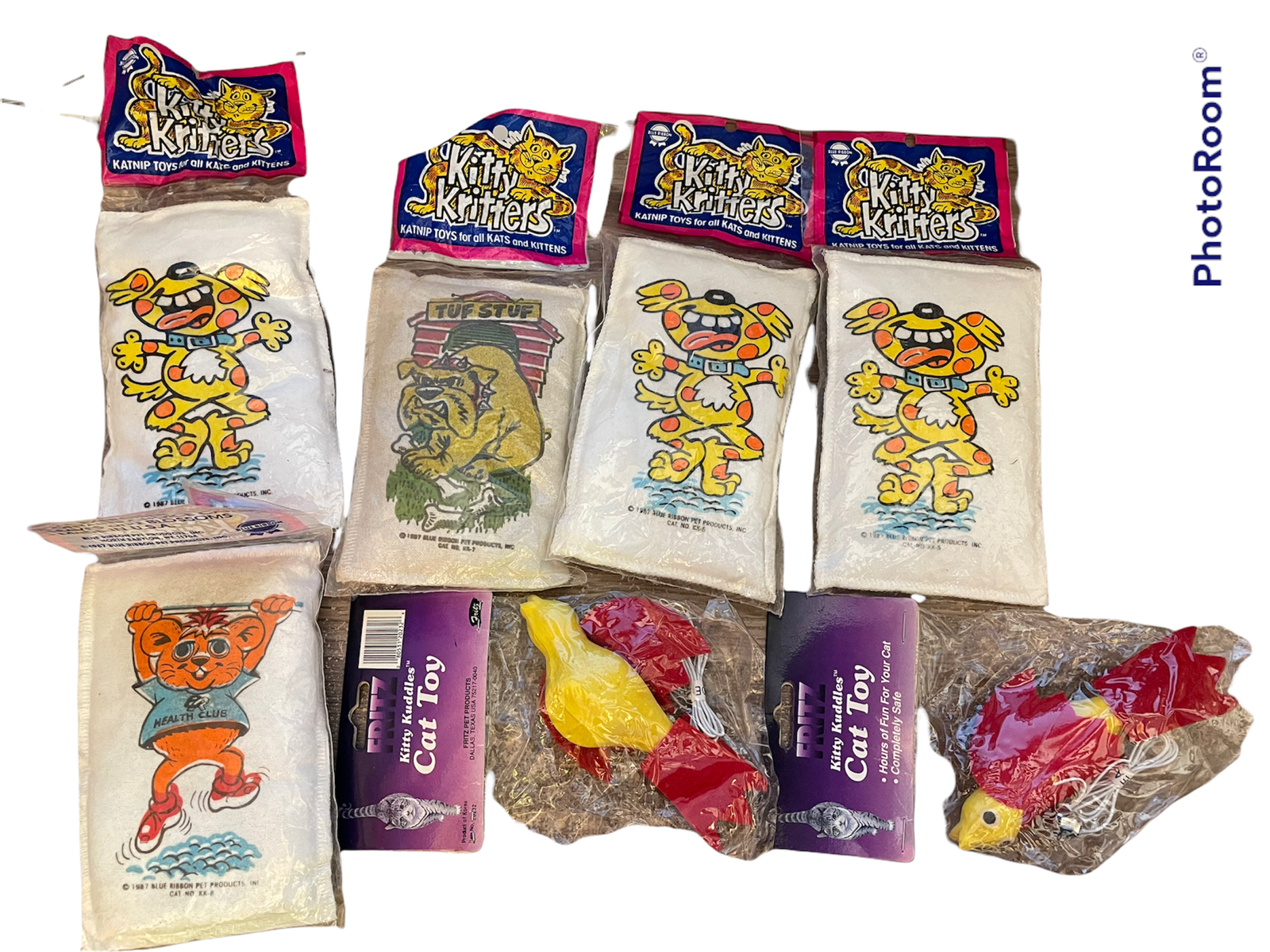 Vintage 1987 & 1993 VALUE Blue Ribbon Cat Toy Sack LOT & Fritz Kuddles Bird Bell