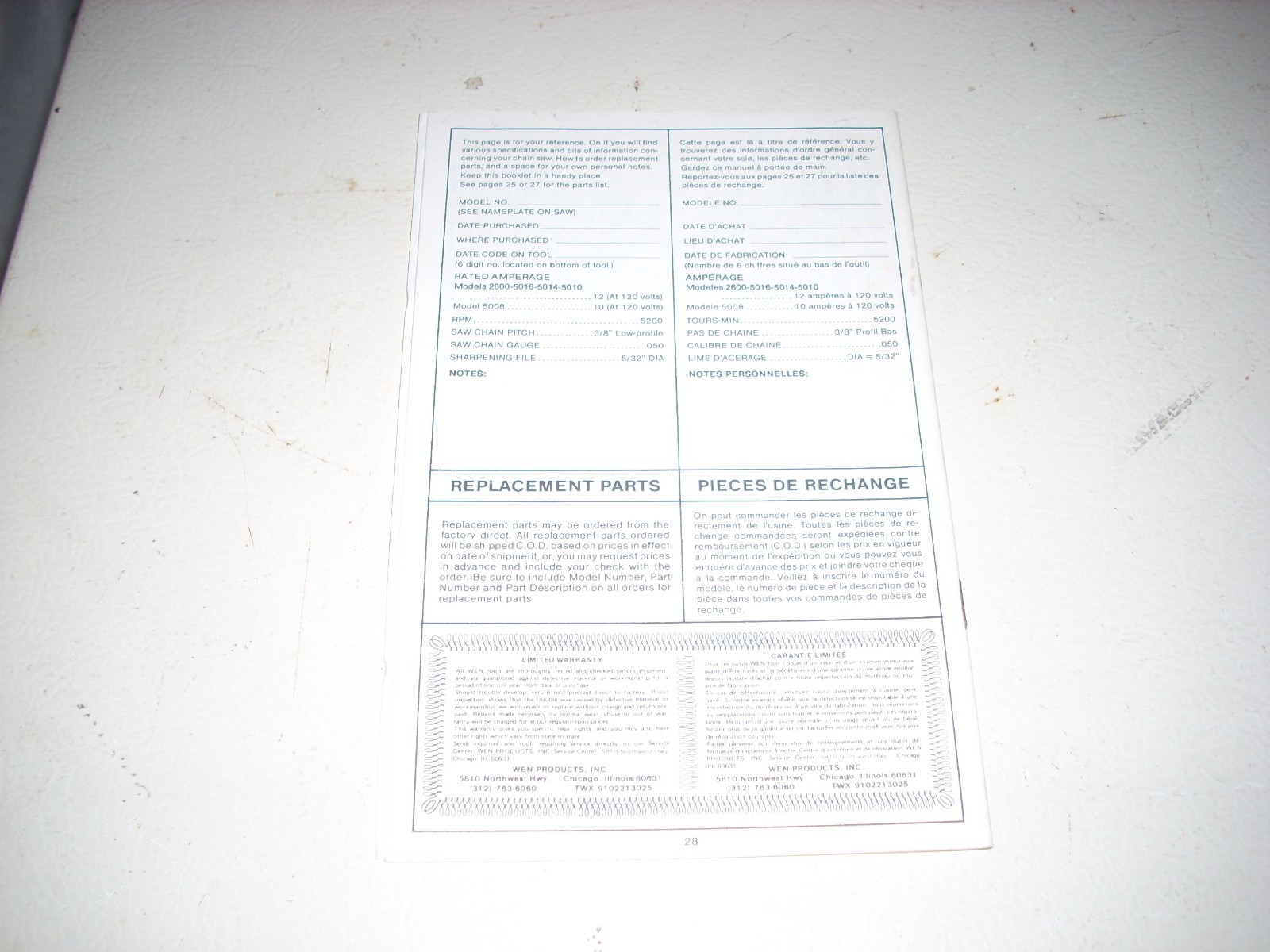 Vintage Owner's Manual WEN Electric Chain Saw Models 8