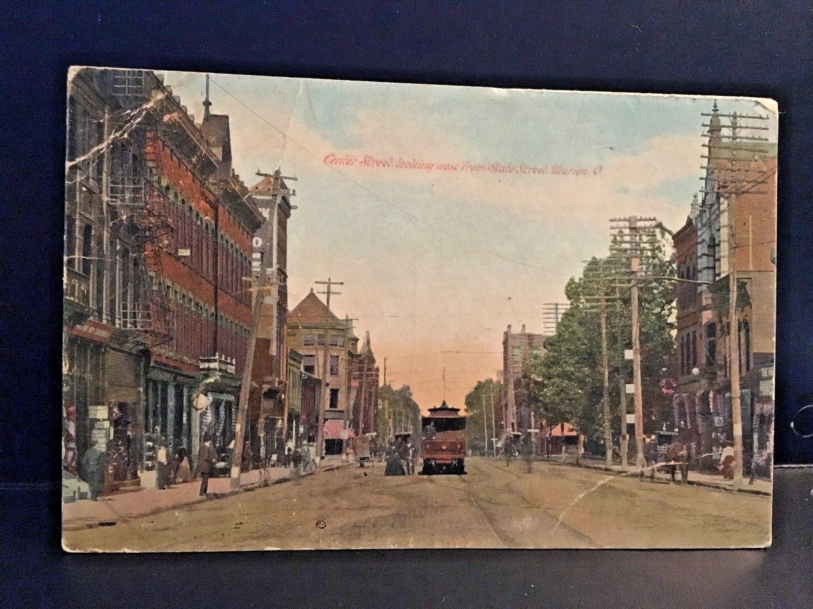 Postcard  Center Street looking West from State Street, Marion, OH.   Y4