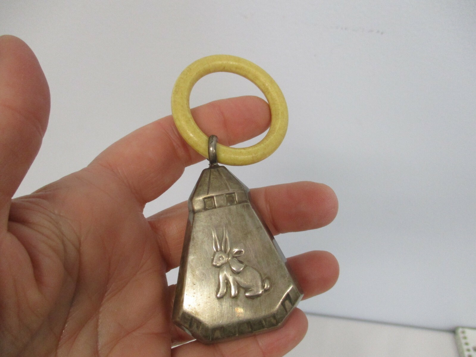 ANTIQUE DENMARK STERLING SILVER BABY RATTLE TEETHER w BUNNY RABBIT 3 1/2