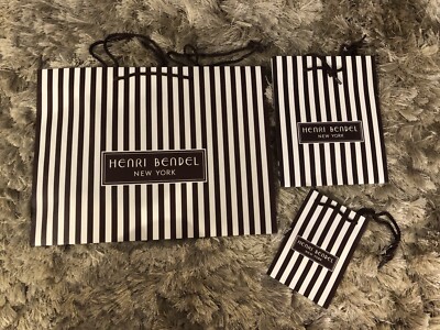 3 Henri Bendel Classic Brown & White Strip Shopping Bags. Medium Small Mini New!