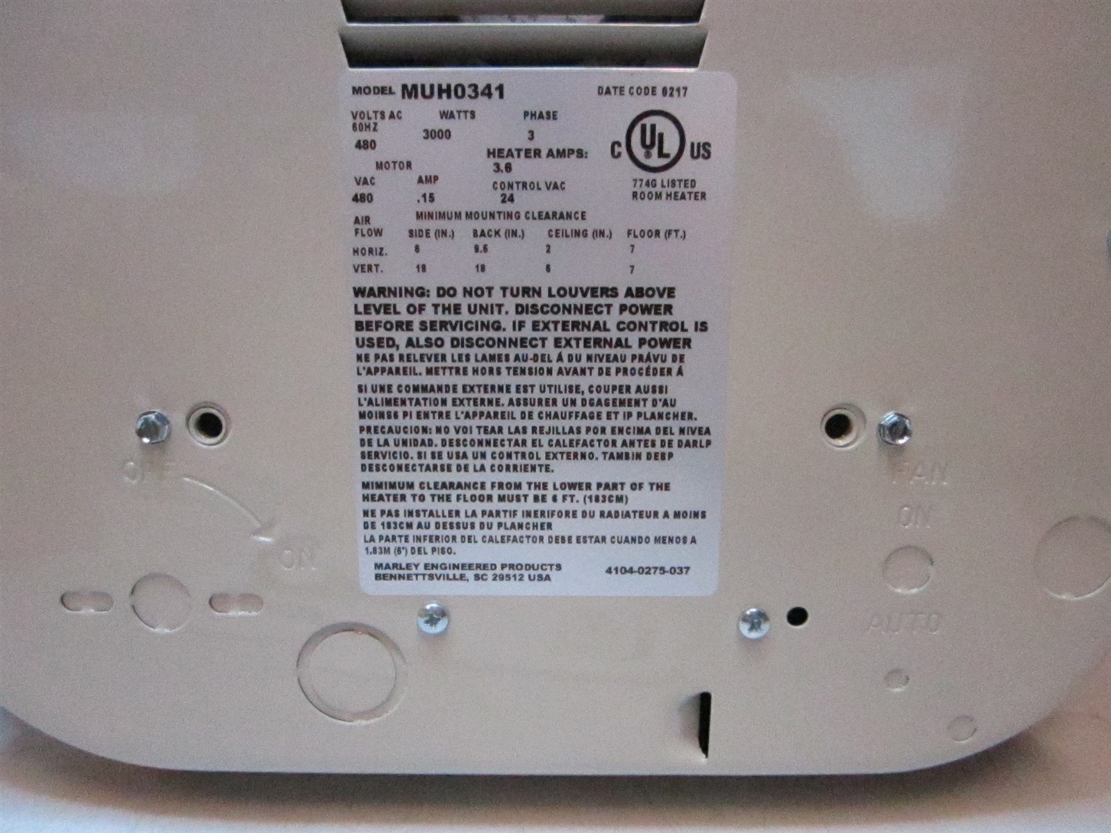 QMARK MUH0341 Electric Unit Heater 480VAC 3 kW 3 Ph Vertical or Horizontal Mount