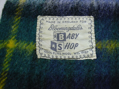 Bloomingdales Wool Tartan Plaid Blanket Blue Green White Baby Shop England 35x46