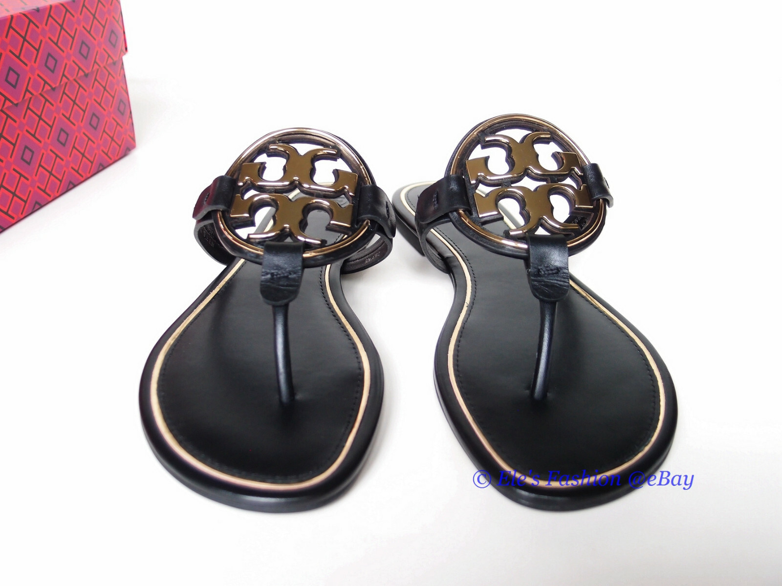 Pre-owned Tory Burch Metal Miller Thong Flip Flop Leather Sandal Black Us 7 Authentc