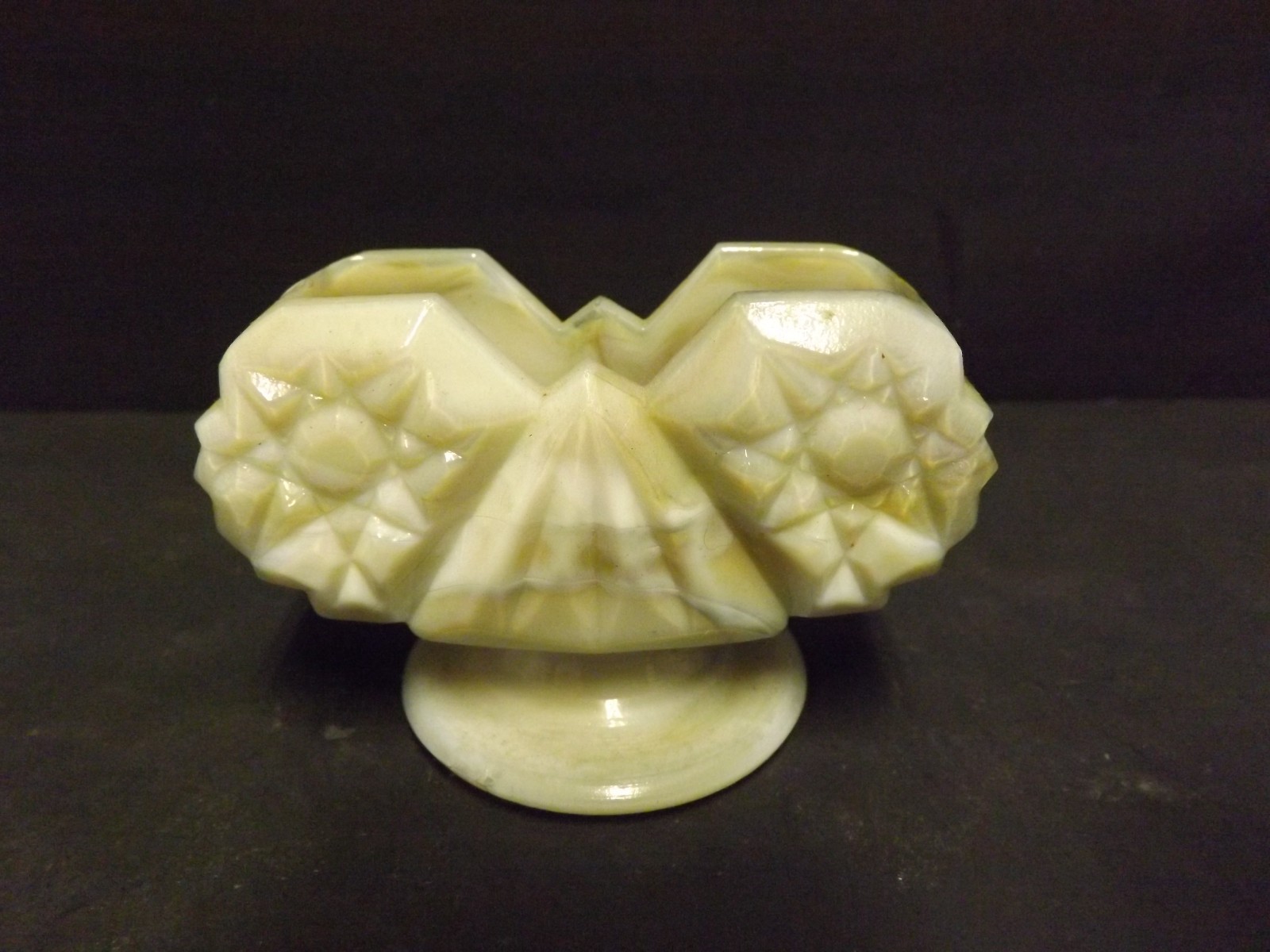 RW MARKED ALABASTER MARBLED BLUE SMOKEY CREAM PEDESTAL DECK OF CARD HOLDER