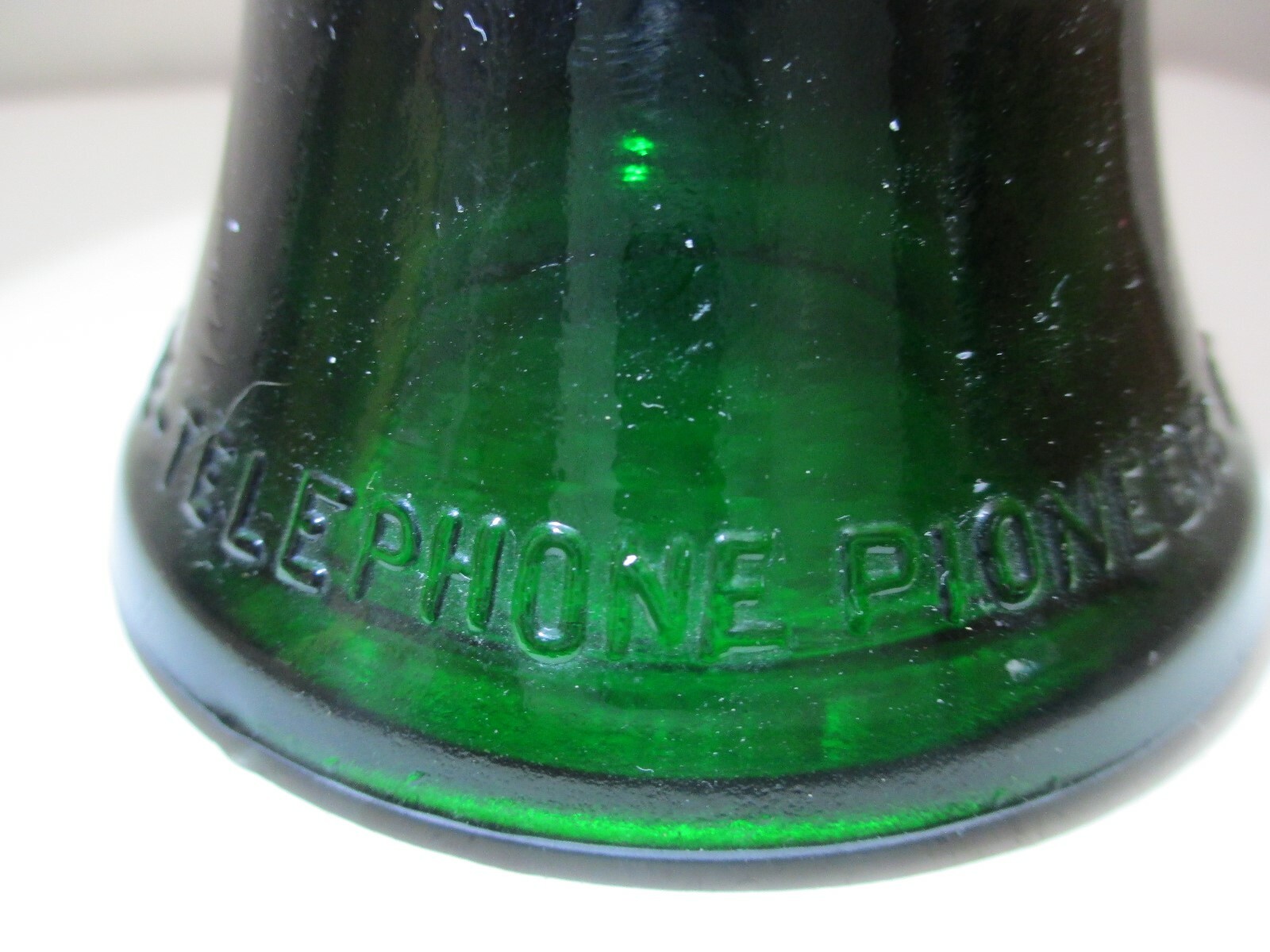 Vintage Telephone Pioneers of America Glass Bell Paperweight Emerald Green 1982
