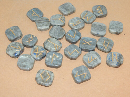 Gray Sodalite Engraved Rune Stone Set, Runic Symbols Chart and Cloth Bag 
