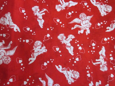 Red w/ White CHERUB & Heart Valentine Print Craft Sewing Quilting 92'' x 44''