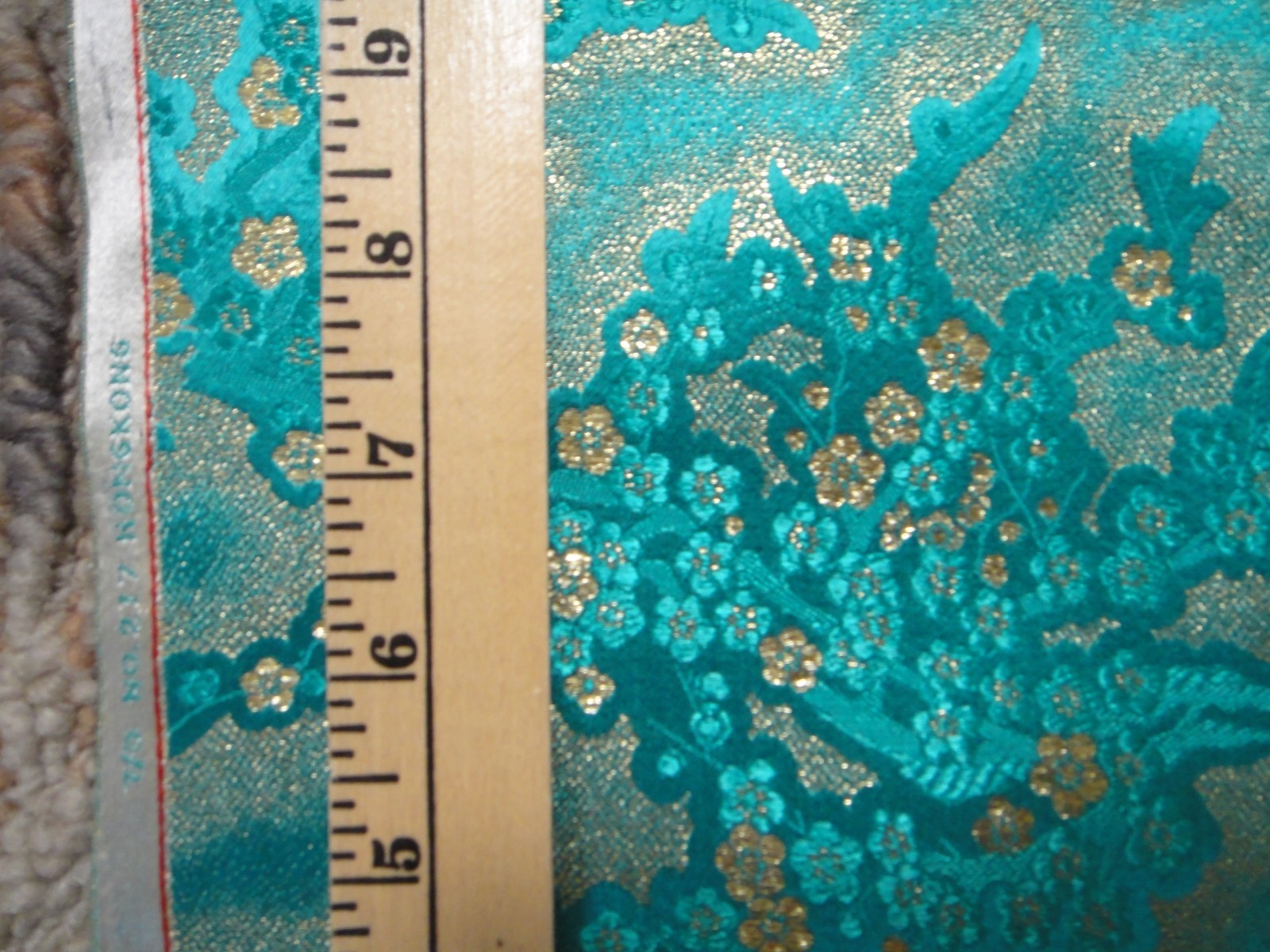 Vintage Silk Satin Brocade Floral Turquoise Fabric w/ Gold Thread 3 yds 27
