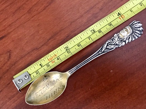 VINTAGE Sterling HERON LAKE MN Souvenir INDIAN CHIEF INKAPADUTA Spoon GOLD WASH