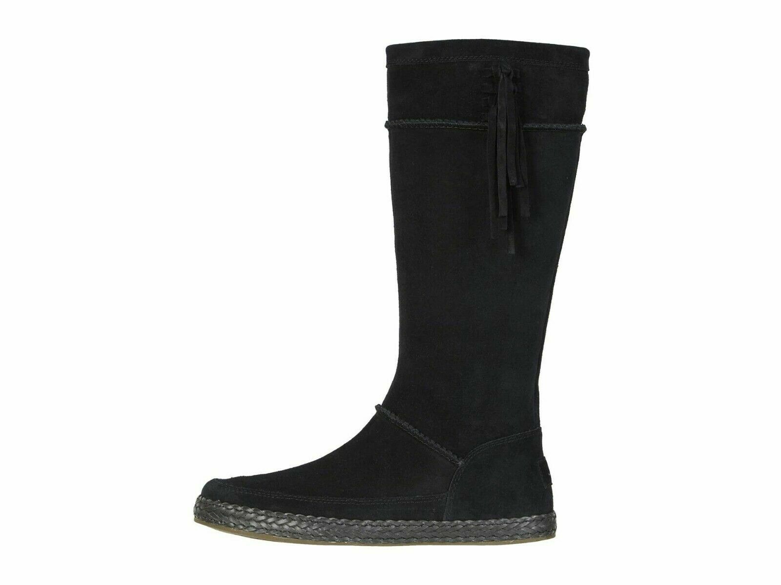 Pre-owned Ugg Emerie Knee High Flat Boots Black Genuine Suede Tassel Charm Size 11 , 12