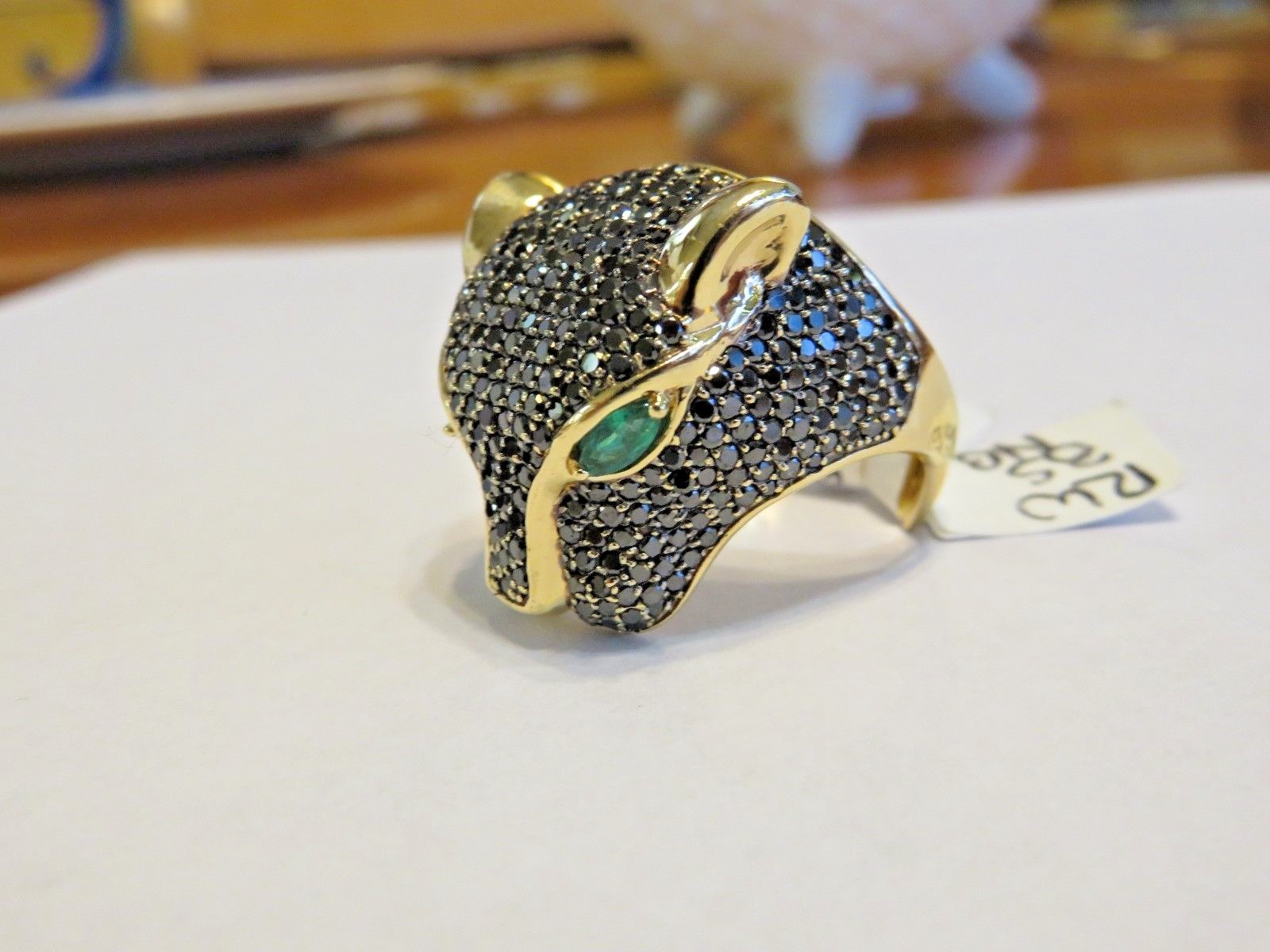 EFFY 14K YELLOW GOLD 3.80 CT BLACK DIAMOND & EMERALD PANTHER RING SZ 9  26 X 22