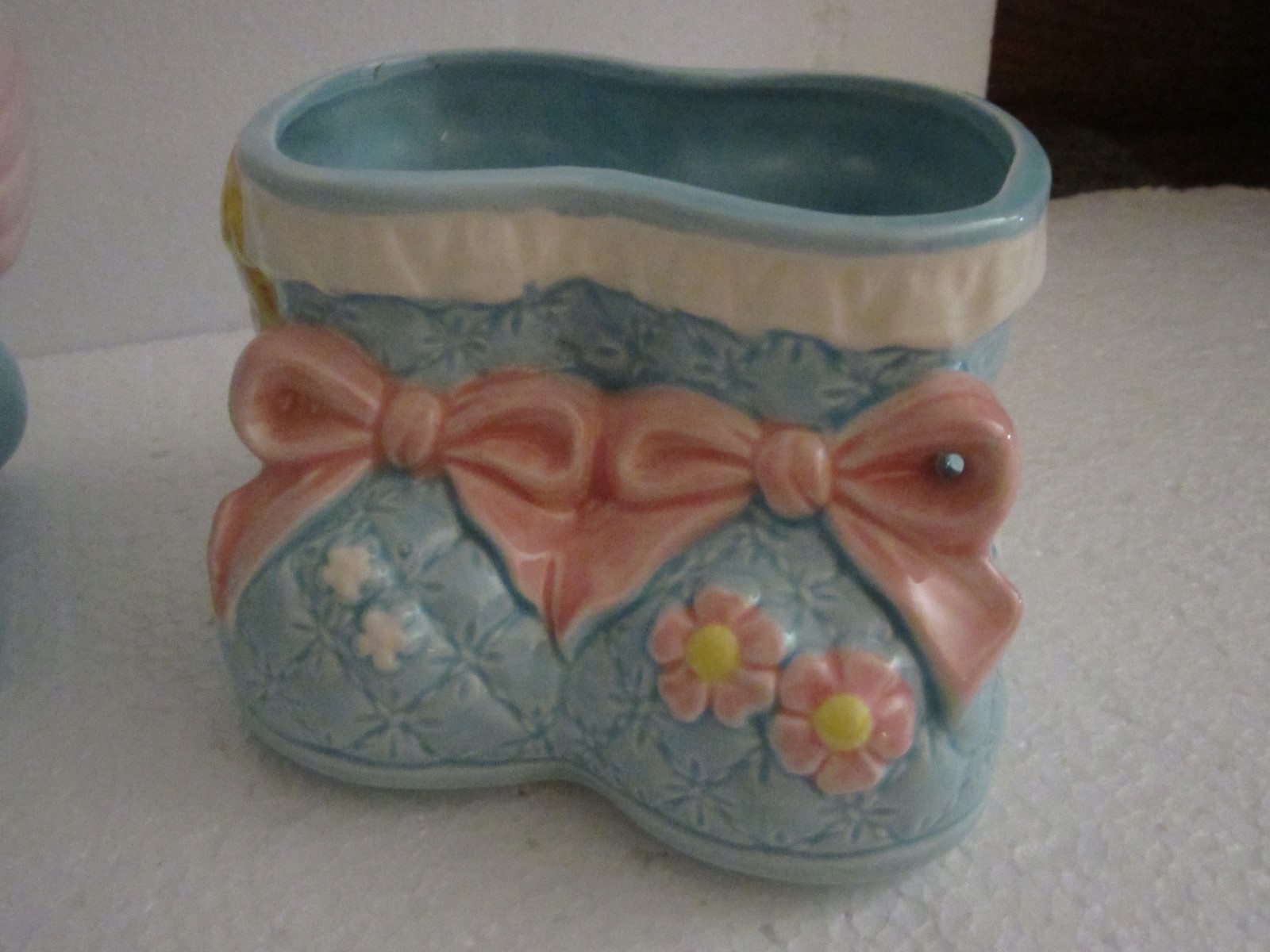 Vtg Lot Of 3 Nursery Planter Cradle Baby Shower Decor Blue Ceramic  Lefton Japan