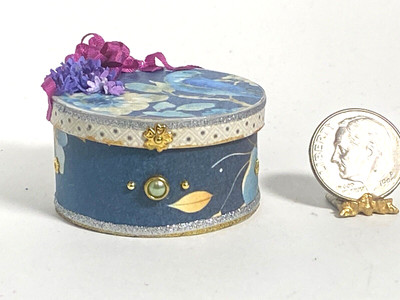 Artisan Blue Bird & Wisteria Hat Box 1:12 Dollhouse Miniature Signed OOAK  '24