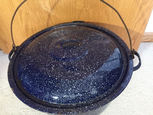 VTG Enamel Blue Speckled Large Stock Lobster Pot w/ Lid 15