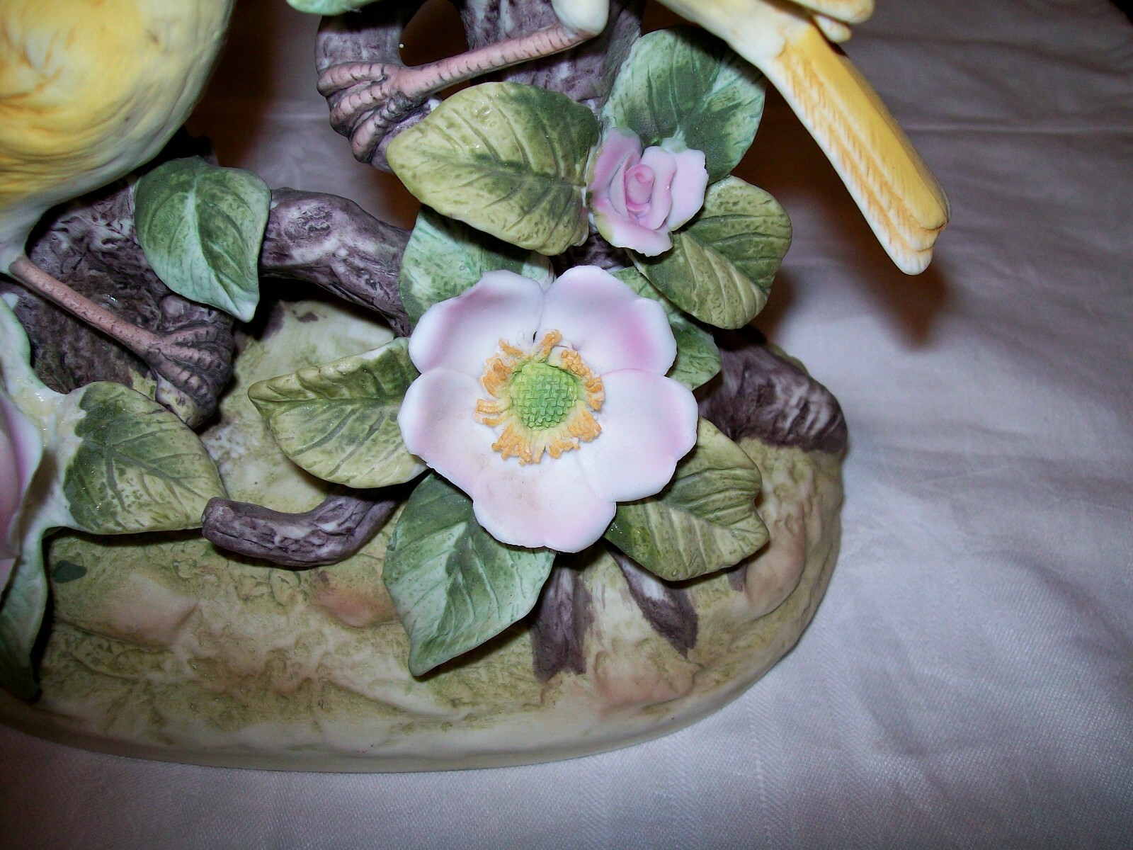 Canary by Andrea Sadek- Canaries on branch w/ Pink Flowers~Bisque Porcelain