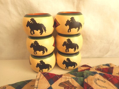 Vintage Western Cowboy Napkins & Rings Set of 6 Horse Shoe Freshly Washed NICE
