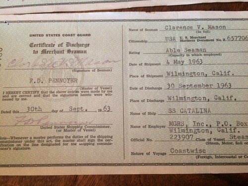 3 1963 U.S. Coast Guard Certificate of Discharge Merchant Seaman Steam Vessels