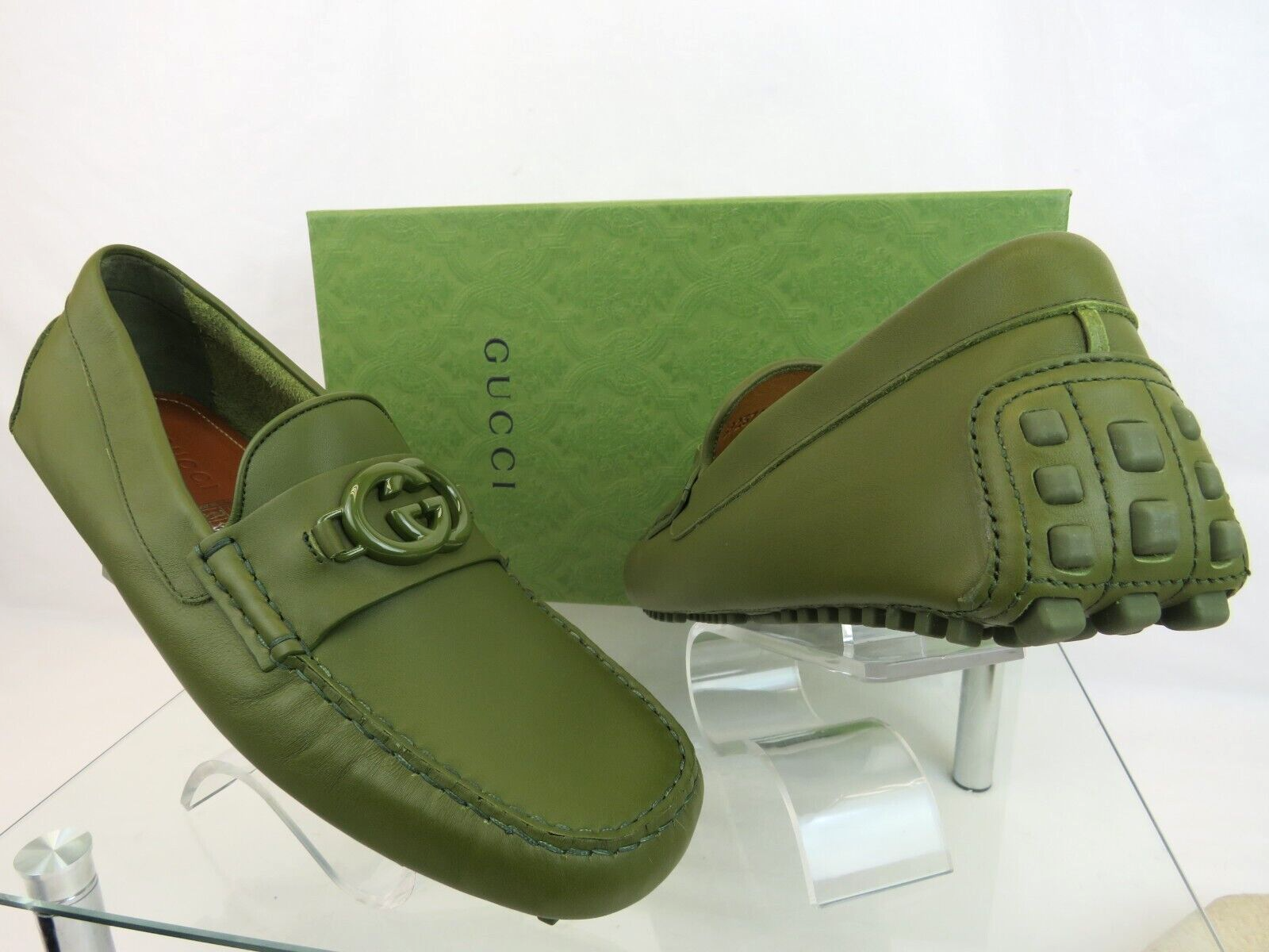 Pre-owned Gucci 692379 Olive Green Leather Gg Logo Moccasin Driving Loafers 10 / Us 11