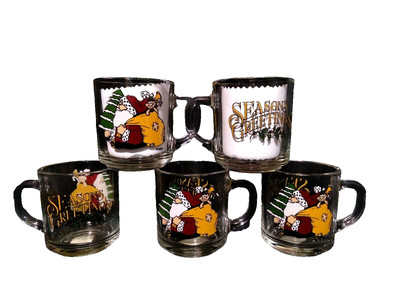 Anchor Hocking Seasons Greeting Clear Glass Santa Mug Cups Christmas 10oz Set o