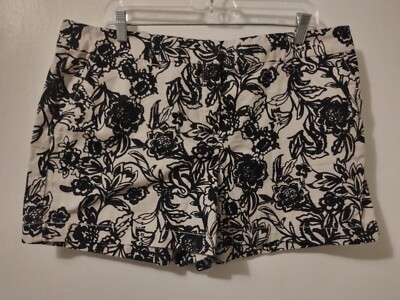 Ann Taylor Loft Shorts Size 14 Cream Black Floral Mid Rise Pockets Belt Loops