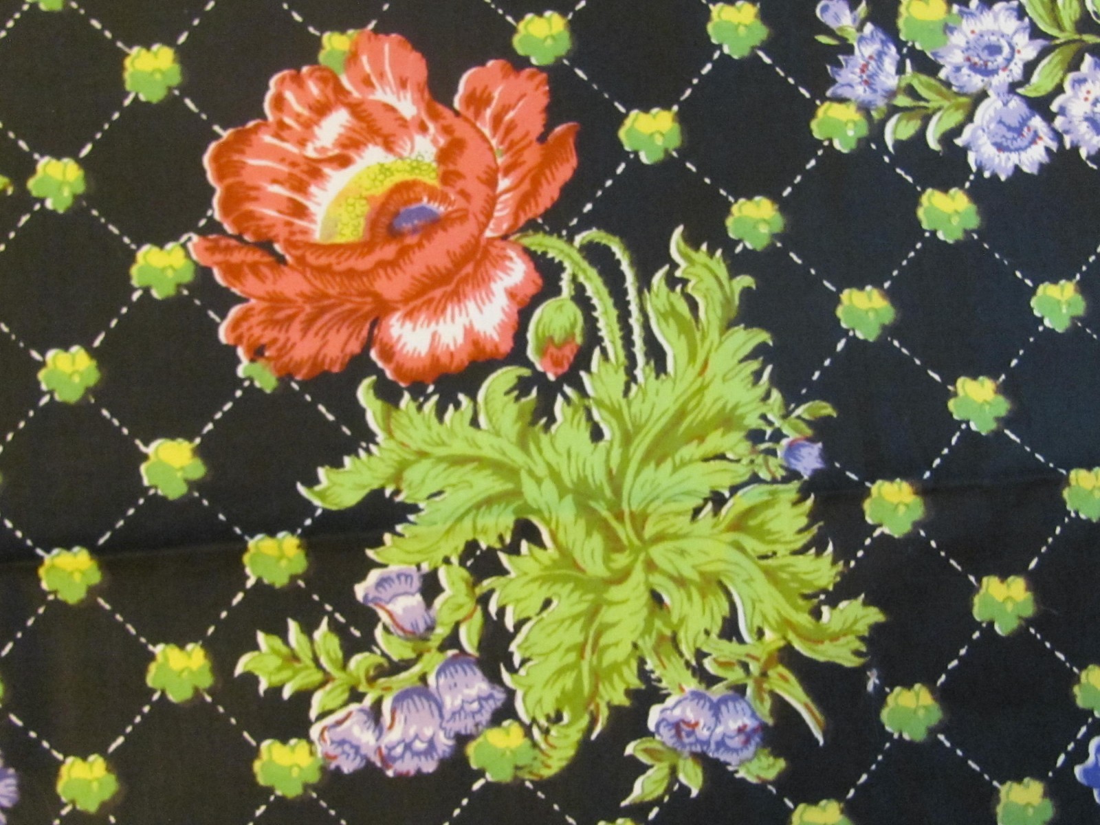 5yds Vtg Cecil Beaton Bloomcraft Decorator Cotton Fabric Floral & Lattice Black