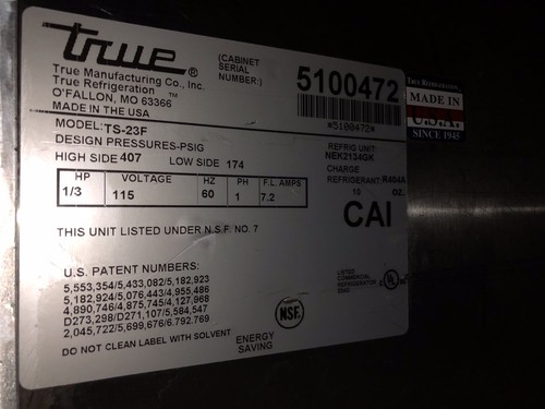 True 1-Door Freezer, Model TS 23-F