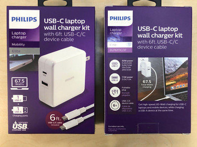 PHILIPS 67.5 Watts USB-C Laptop Wall Charger - Dual Type-C & USB + 6ft Type-C
