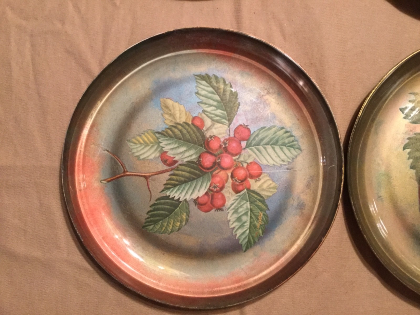 8 Glass Plates with Fruit Applique and Gold Backs M. Halstad