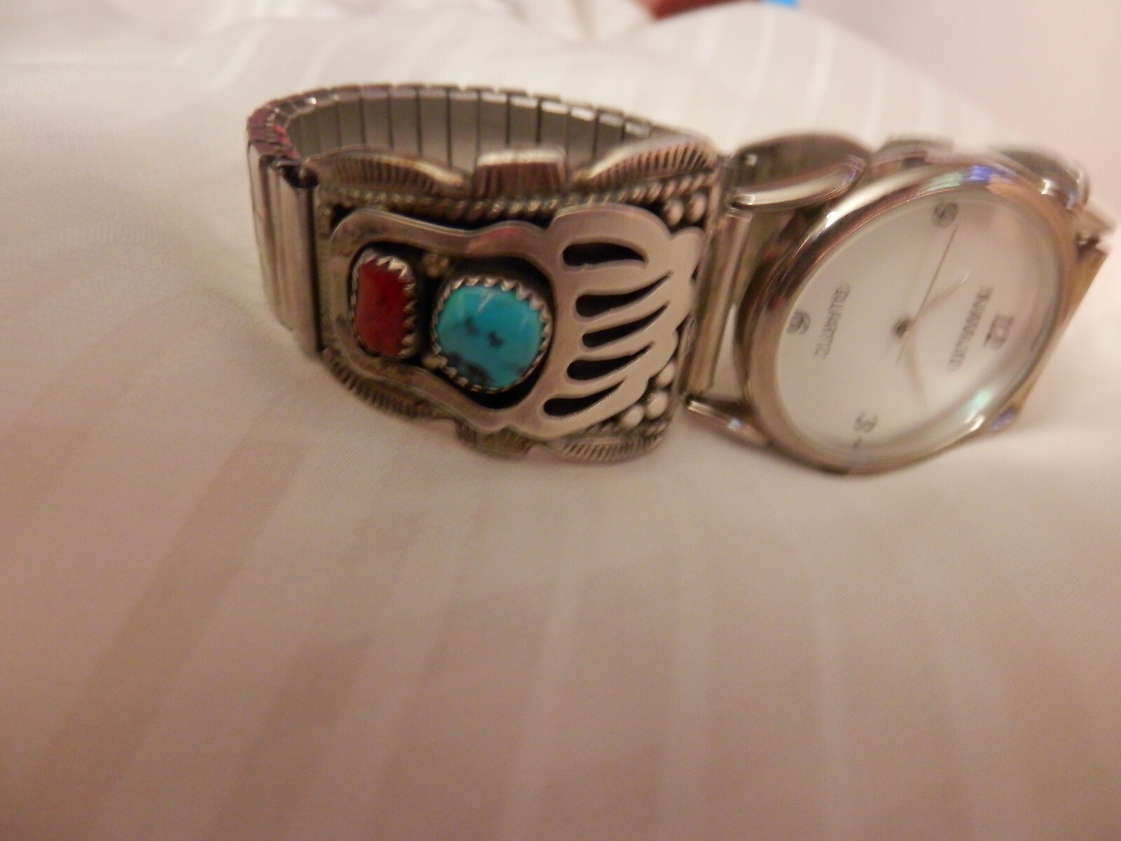 MEN NAVAJO WATCH ATTRACTIVE STERLING SILVER TURQUOISE BAND SIGNED A