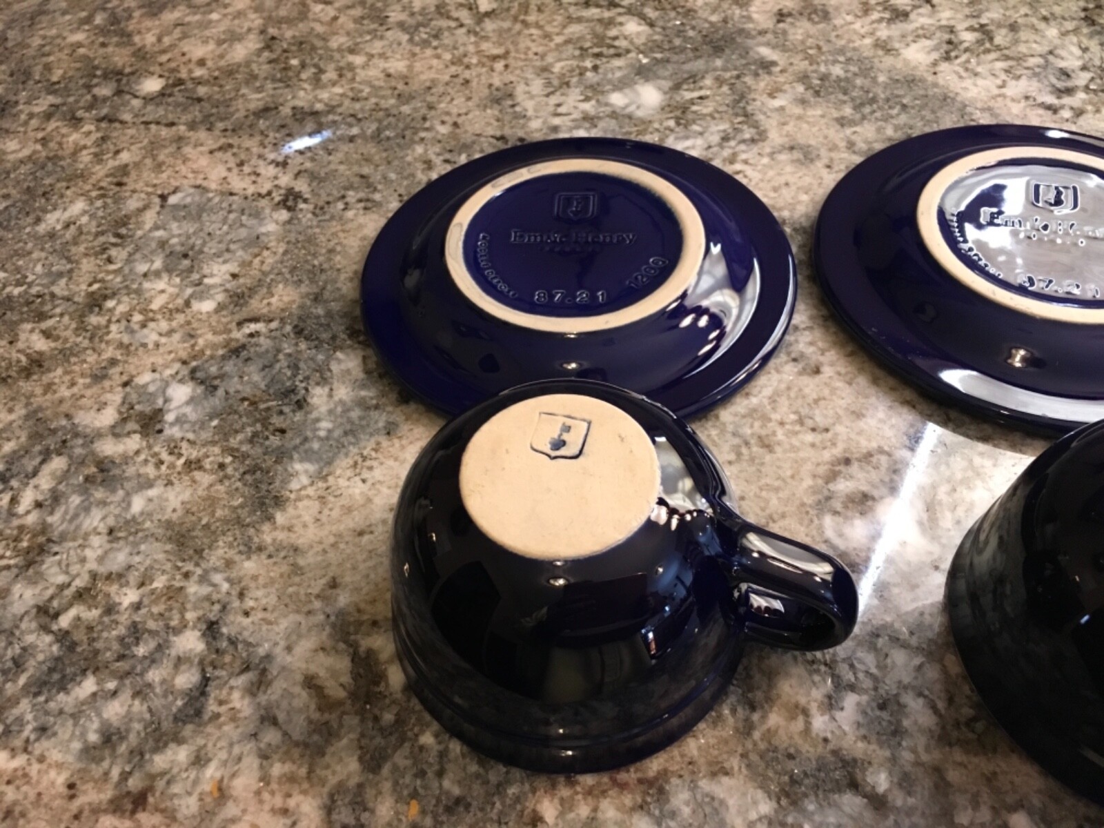2 Emile Henry Cups and Saucers Blue